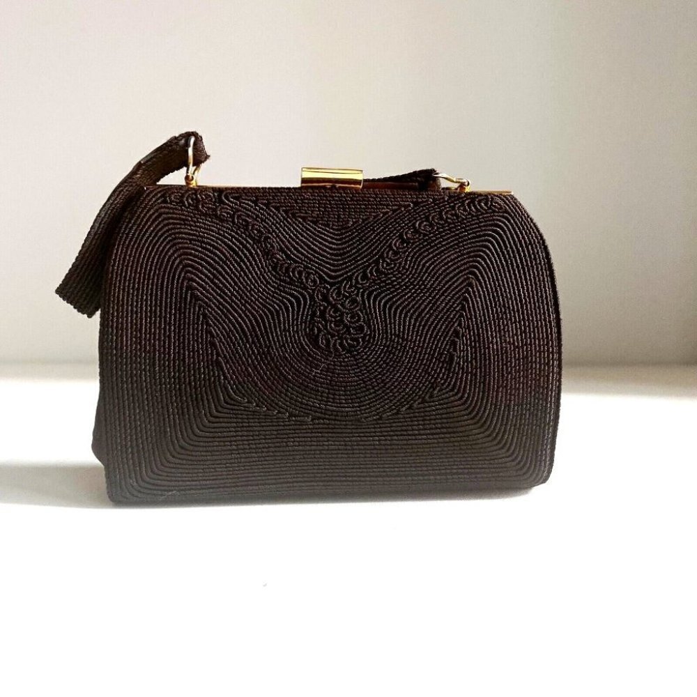 Vintage Chocolate Brown Cordé Textured Fabric Detail Small Evening Handbag \